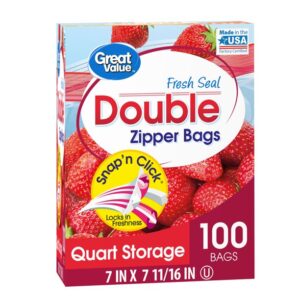 Great Value Fresh Seal Double Zipper Storage Bags, Quart, 100 Count 